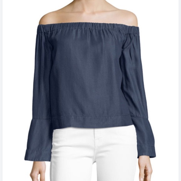 Off the shoulder Belle sleeve 7 for all mankind  blue denim top size small - Picture 1 of 9
